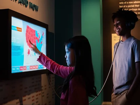 Visitors using an indoor touchscreen exhibit at the Harry S. Truman Library and Museum